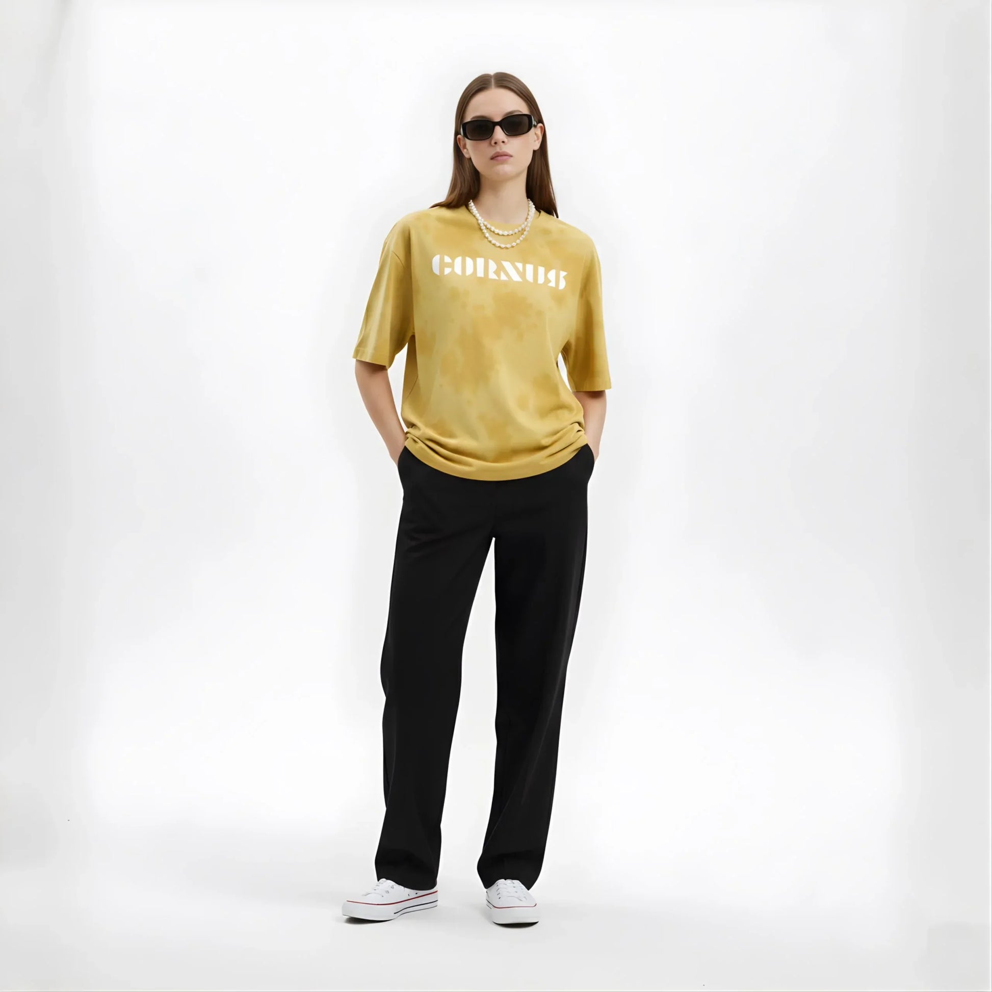 "CORNUS" Yellow Acid-Washed Oversized Graphic Tee - Cornus Fashion
